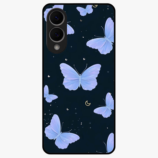 Butterfly With Stars Pattern Glass Case showing flat back view with butterfly and star pattern artwork and glossy glass finish.