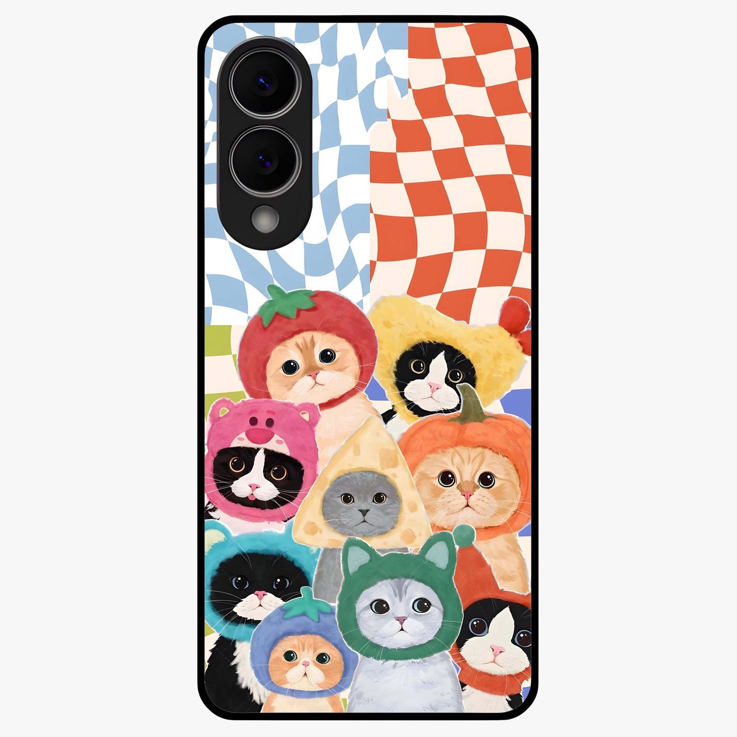Cats in Fruits Glass Case showing flat back view with playful cat illustrations inside fruit artwork and glossy glass finish.