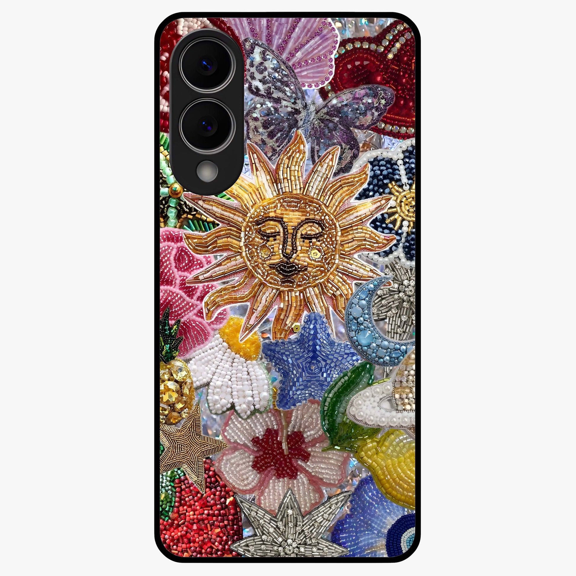 Celestial Floral and Playful Glass Case showing flat back view with floral and celestial themed artwork and glossy glass finish.