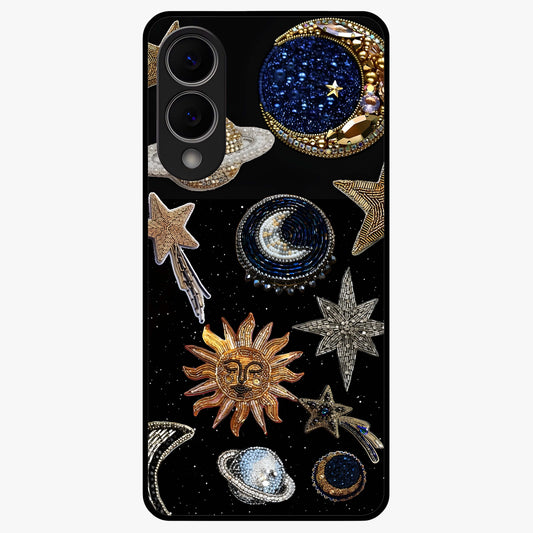 Celestial Gem Constellations Glass Case showing flat back view with sparkling constellation artwork and glossy glass finish.