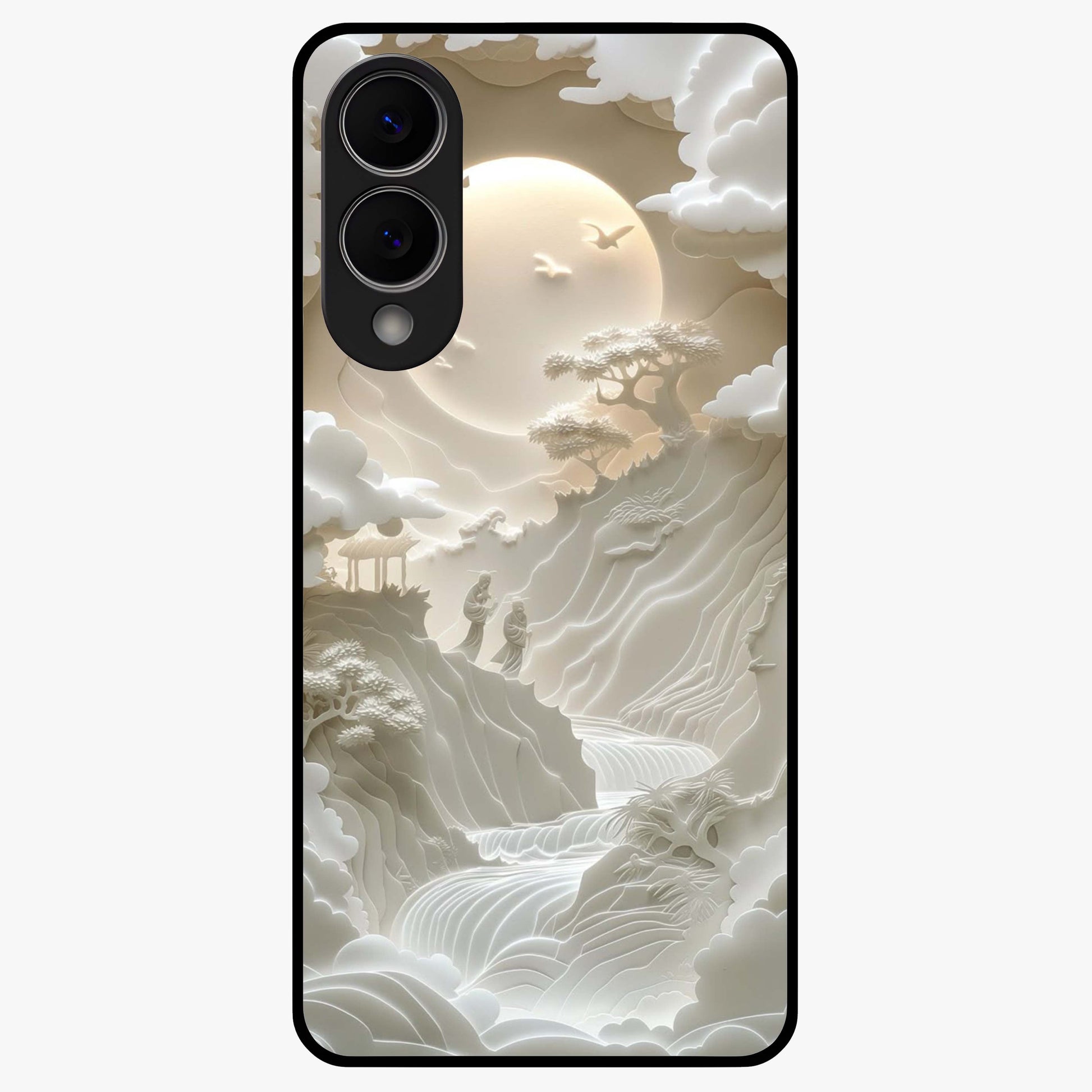 Celestial Origami Glass Case showing flat back view with artistic origami inspired celestial artwork and glossy glass finish.