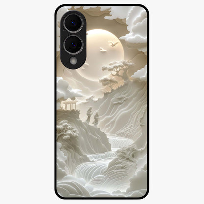 Celestial Origami Glass Case showing flat back view with artistic origami inspired celestial artwork and glossy glass finish.