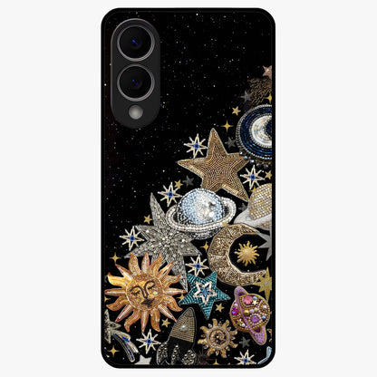 Cosmic Sparkle Dreams Glass Case showing flat back view with sparkling cosmic artwork and glossy glass finish.