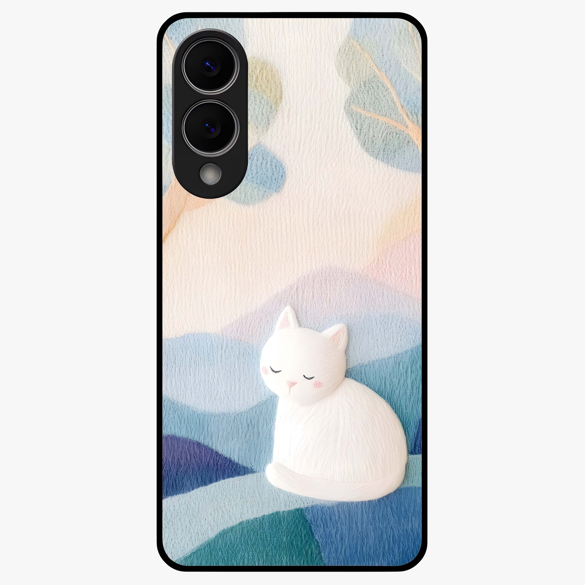 Cotton Dream Cat Glass Case showing flat back view with soft dreamy cat artwork and glossy glass finish.