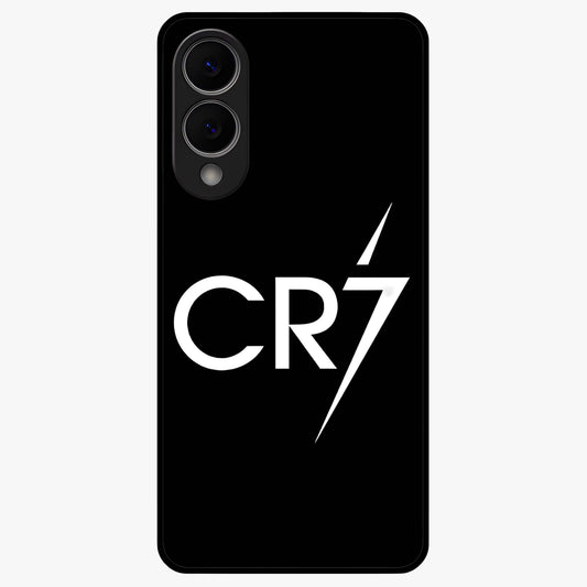 Cr7 Elite Strike Glass Case showing flat back view with dynamic football inspired artwork and glossy glass finish.