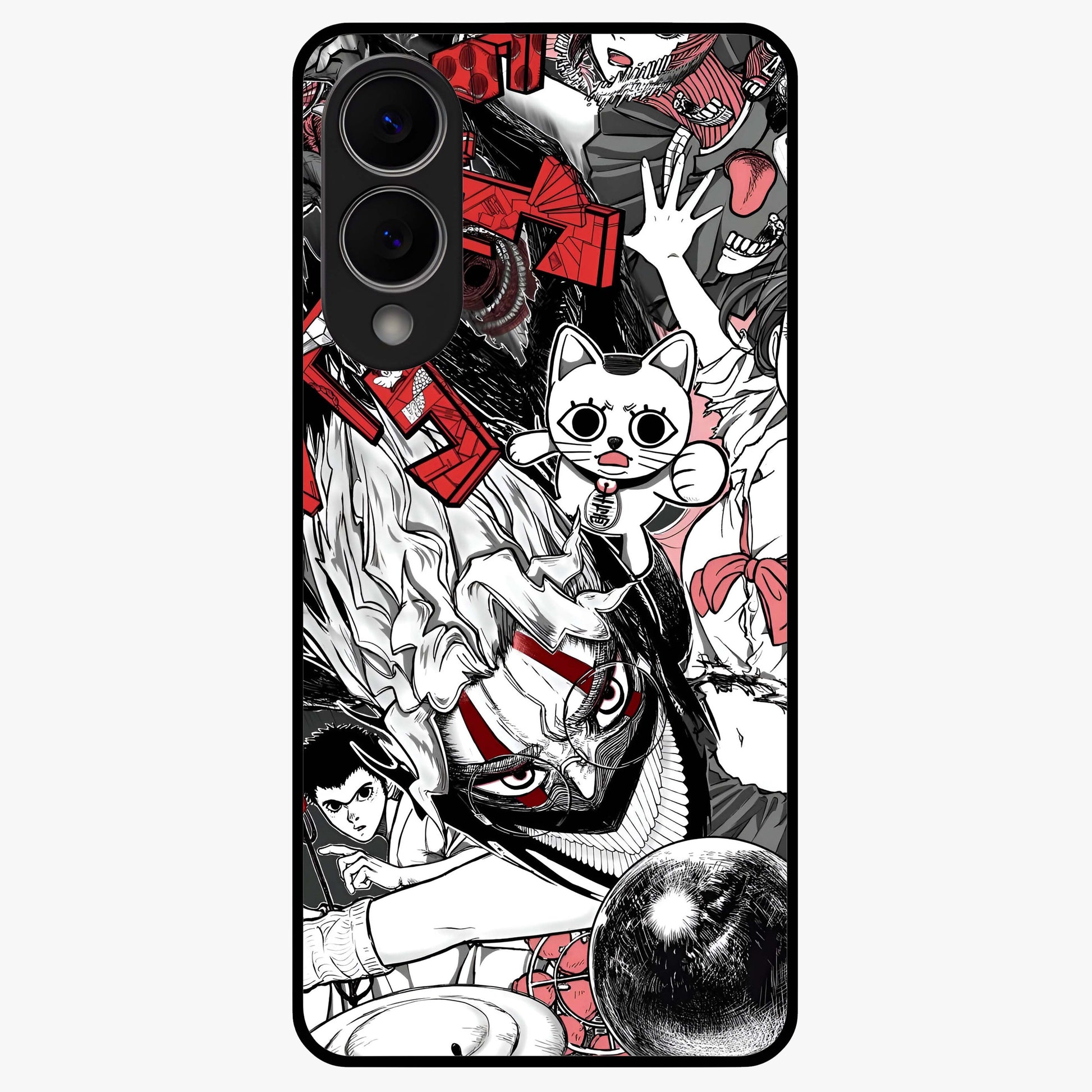 Crimson Chaos Panel Glass Case showing flat back view with bold crimson abstract artwork and glossy glass finish.