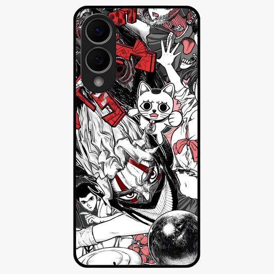 Crimson Chaos Panel Glass Case showing flat back view with bold crimson abstract artwork and glossy glass finish.
