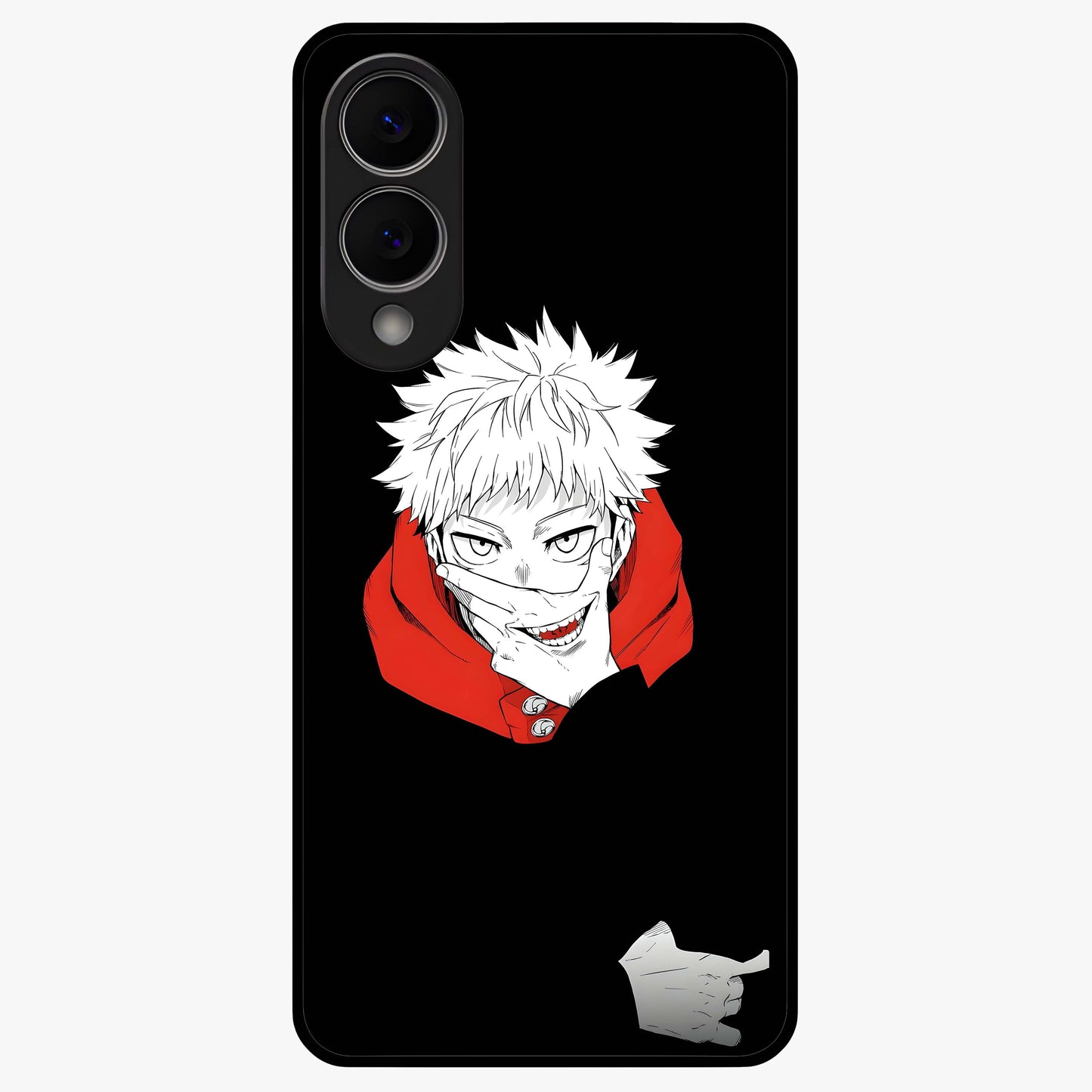 Crimson Chaos Smile Glass Case showing flat back view with bold chaotic smile artwork and glossy glass finish.
