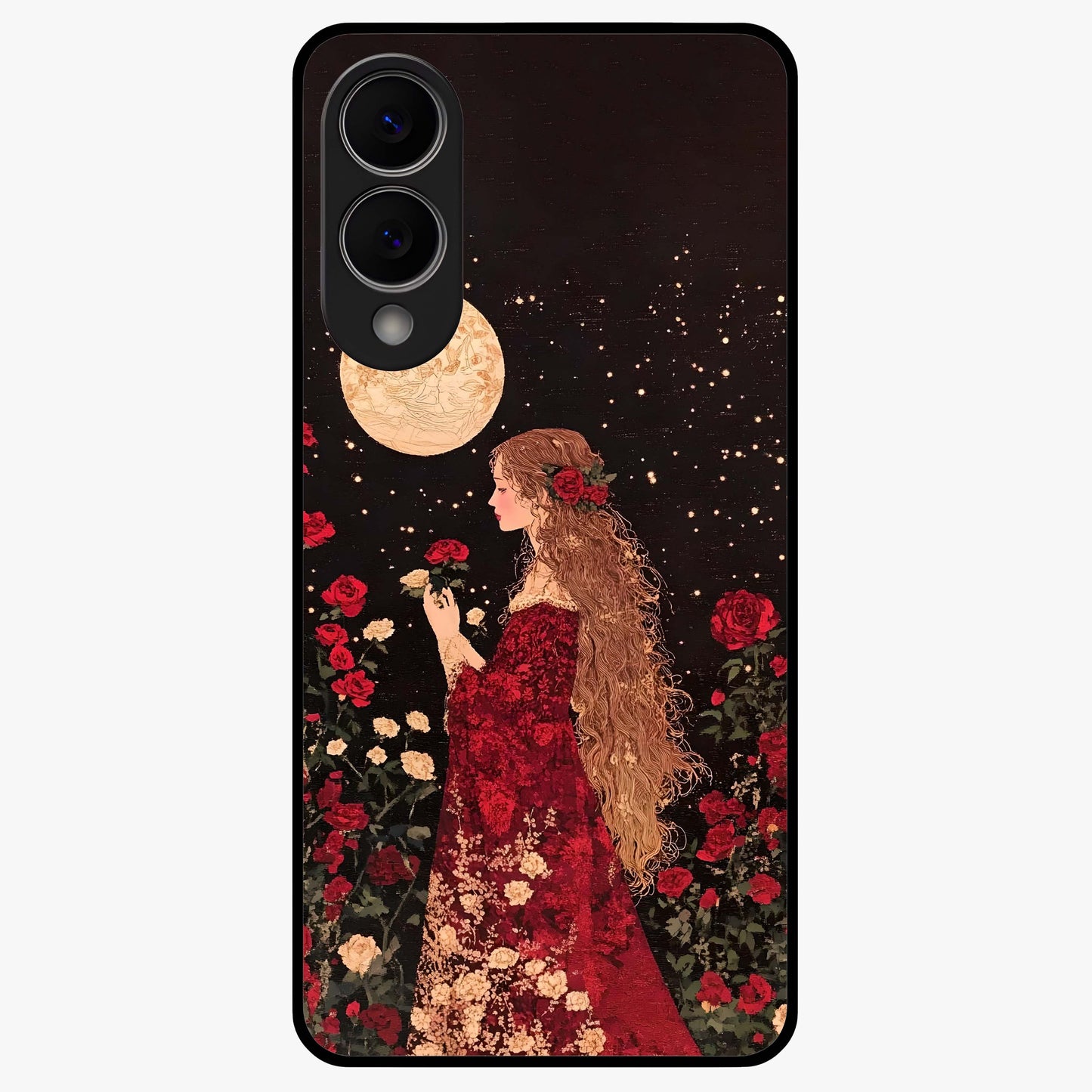 Crimson Dreams Glass Case showing flat back view with dreamy crimson artwork and glossy glass finish.