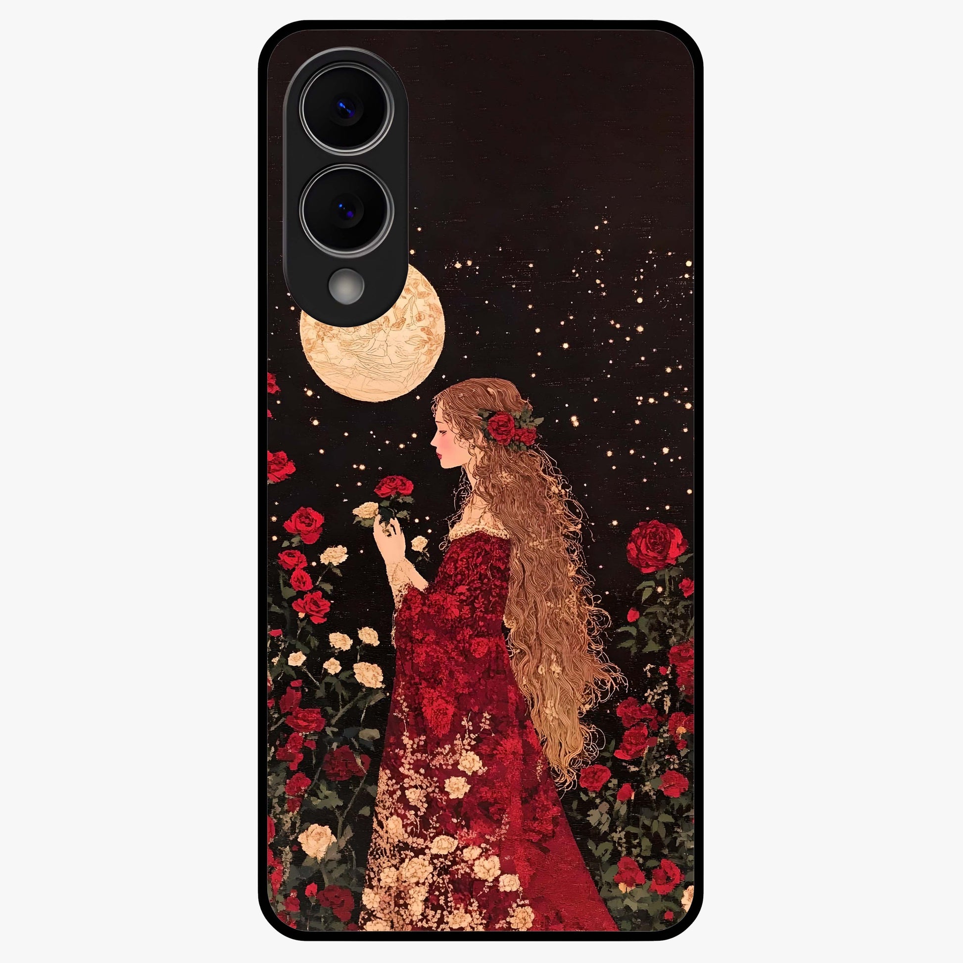 Crimson Dreams Glass Case showing flat back view with dreamy crimson artwork and glossy glass finish.
