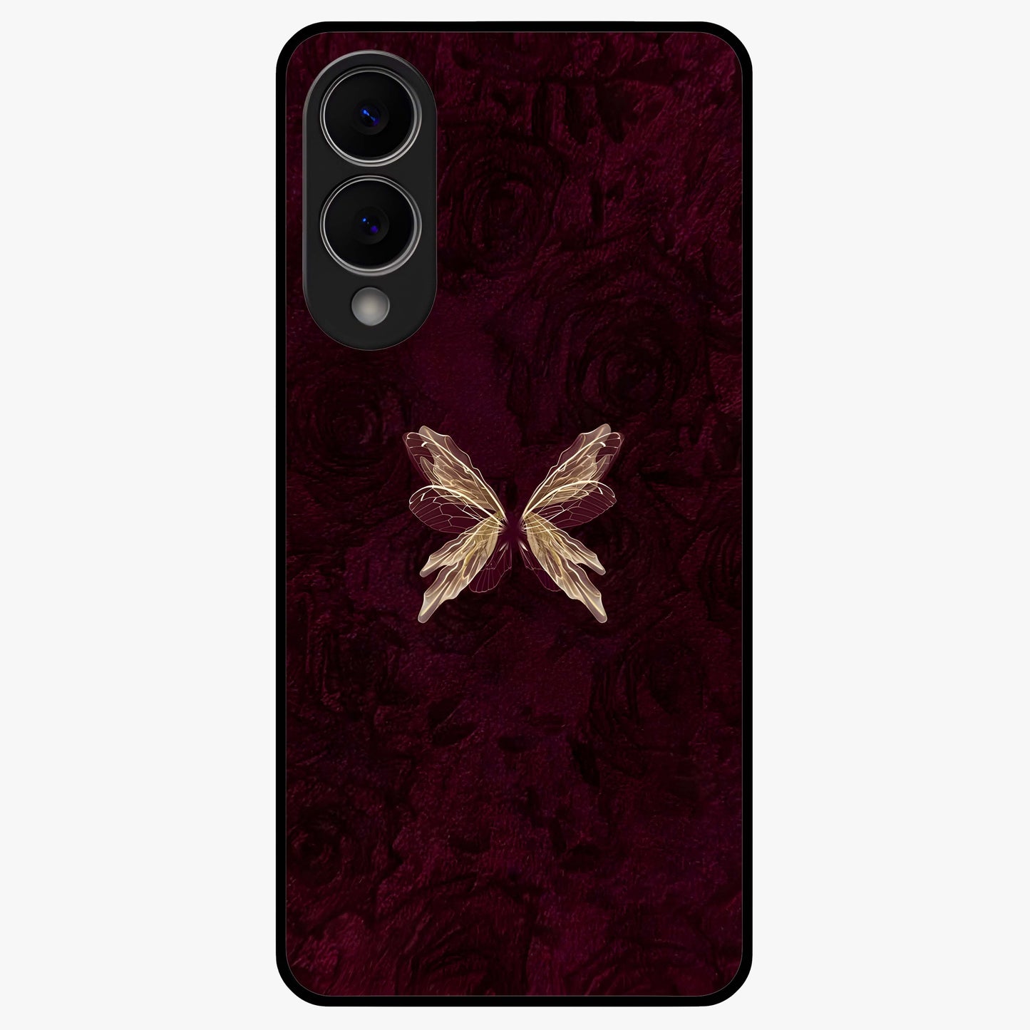 Crimson Fade Butterfly Glass Case showing flat back view with fading butterfly artwork and glossy glass finish.