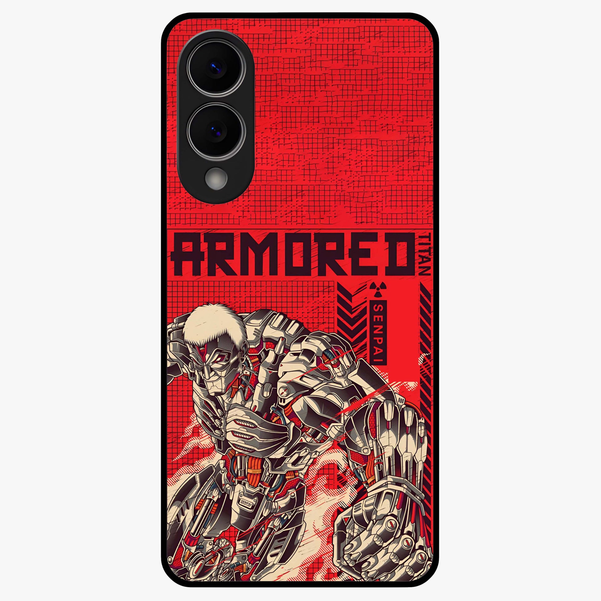 Crimson Mecha Titan Glass Case showing flat back view with powerful mech titan artwork and glossy glass finish.