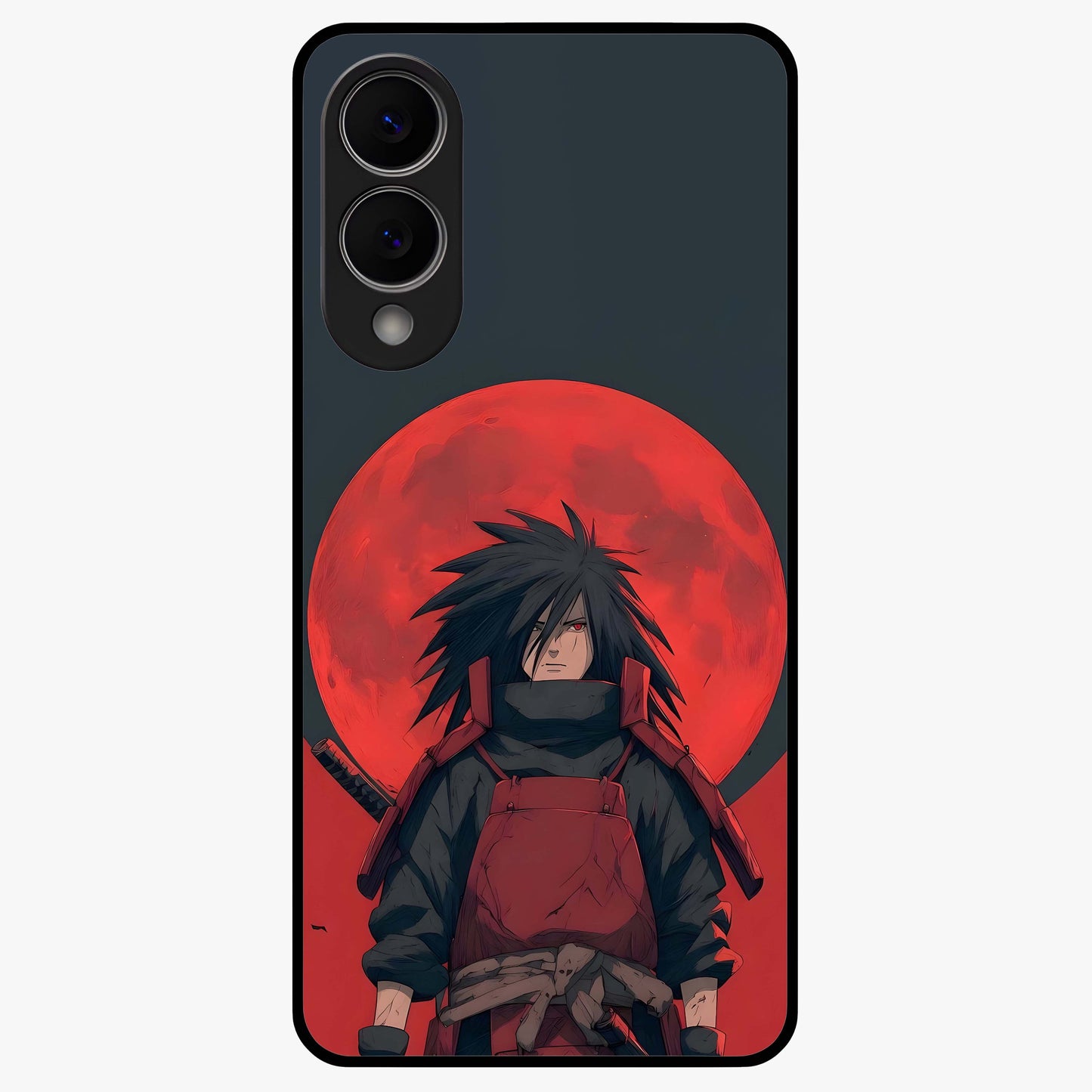 Crimson Moon Warlord Glass Case showing flat back view with mystical moon warrior artwork and glossy glass finish.