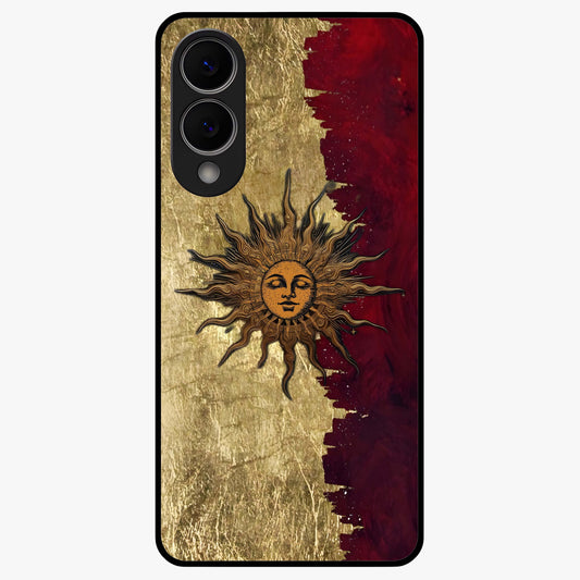 Crimson Sun Majesty Glass Case showing flat back view with radiant sun inspired artwork and glossy glass finish.