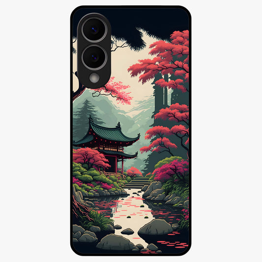 Crimson Temple View Glass Case showing flat back view with temple inspired artwork and glossy glass finish.