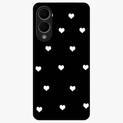 Cute And Simple White Hearts Glass Case showing flat back view with minimal white heart pattern and glossy glass finish.