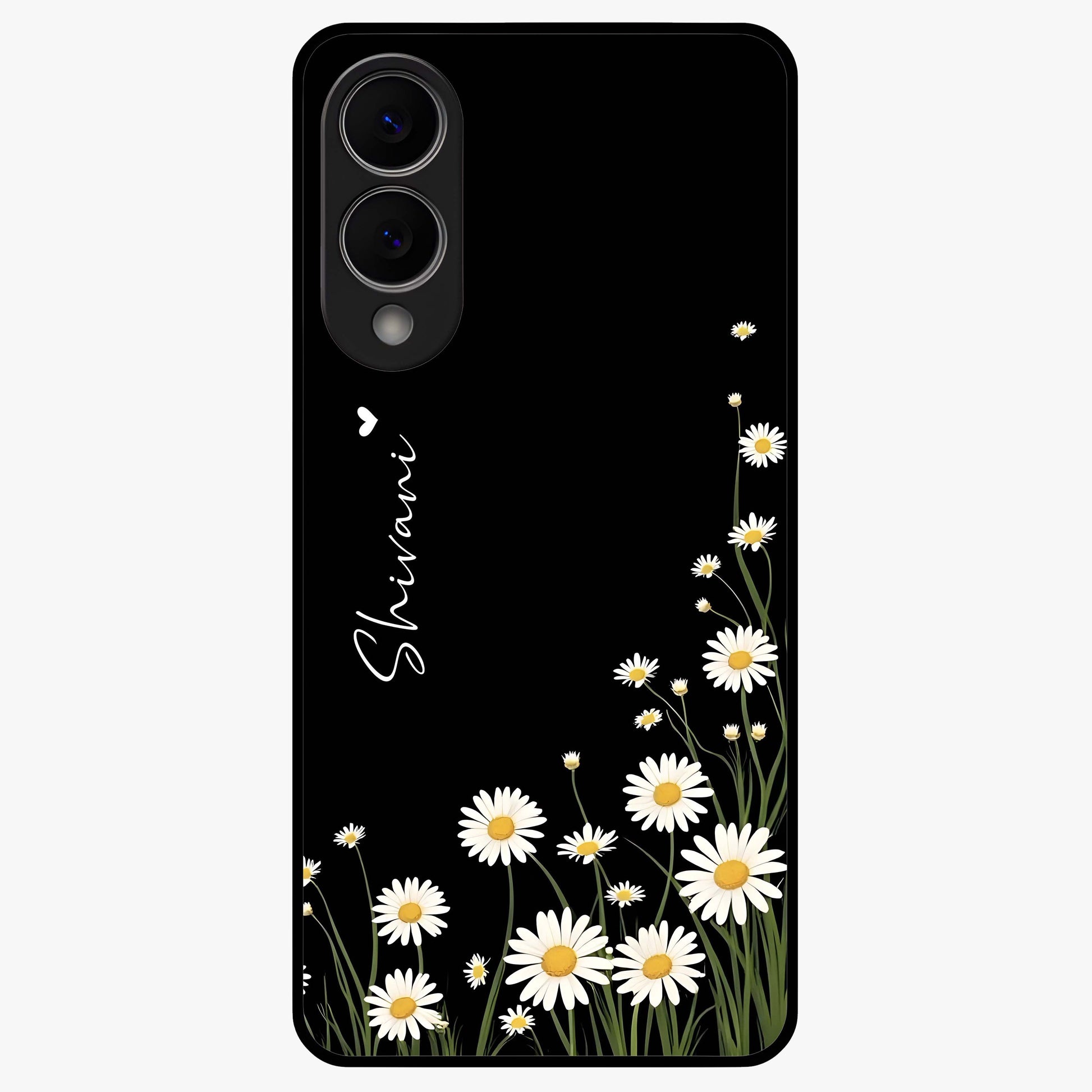 Daisy Cascade Custom Name Glass Case showing flat back view with cascading daisy flowers and personalized name design.