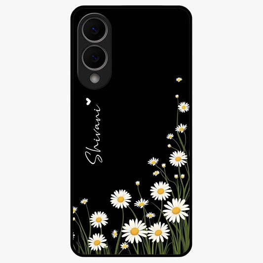 Daisy Cascade Custom Name Glass Case showing flat back view with cascading daisy flowers and personalized name design.