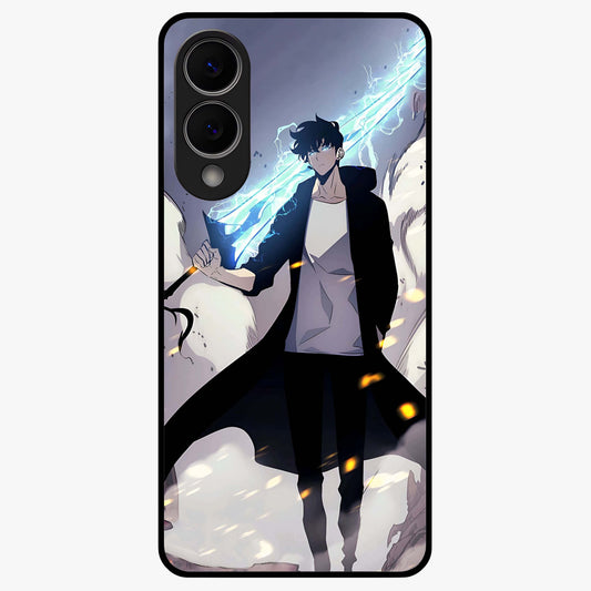 Dark Lightning Anime Warrior Glass Case showing flat back view with intense anime warrior artwork and glossy glass finish.