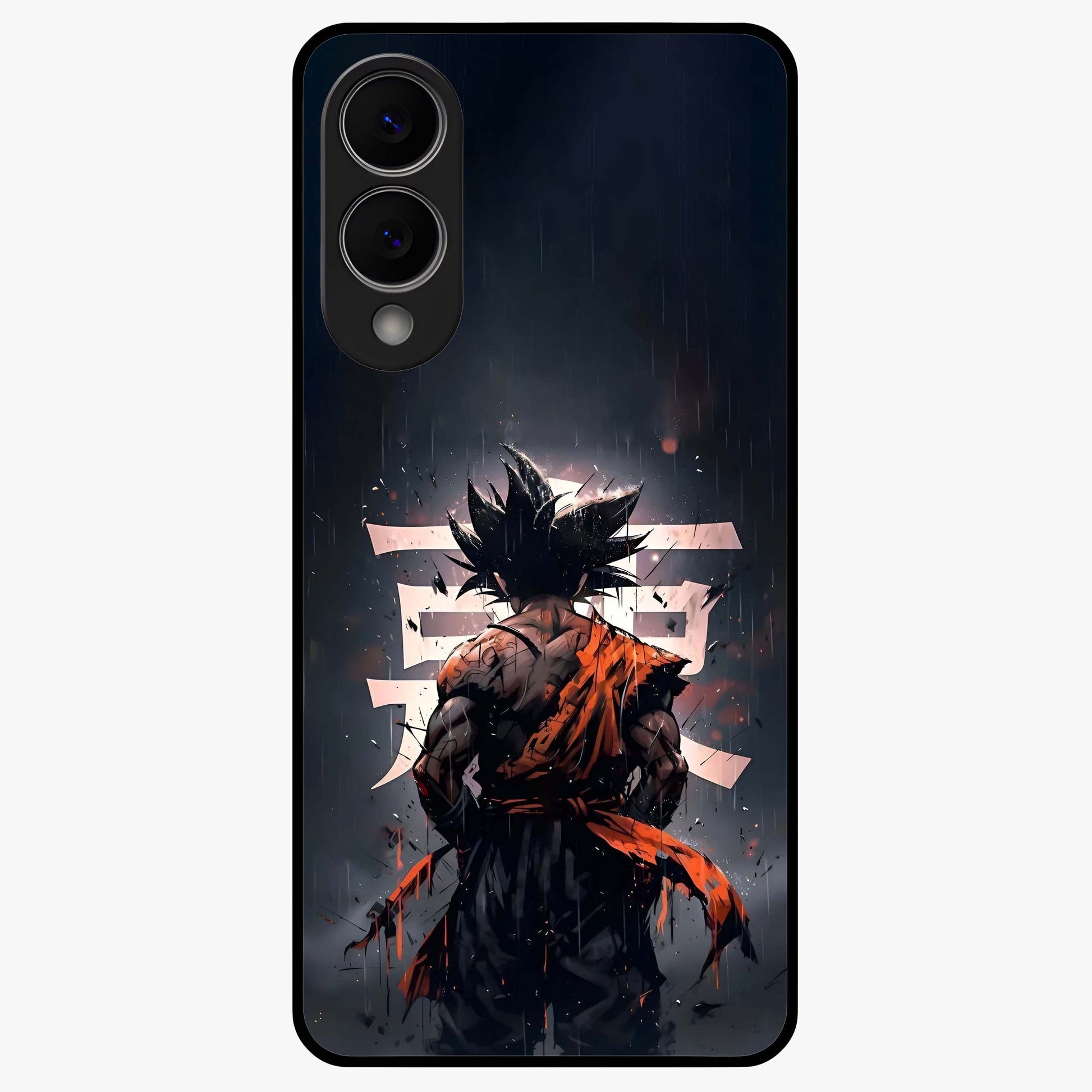 Dark Warrior In Rain Glass Case showing flat back view with warrior artwork in rainy atmosphere and glossy glass finish.
