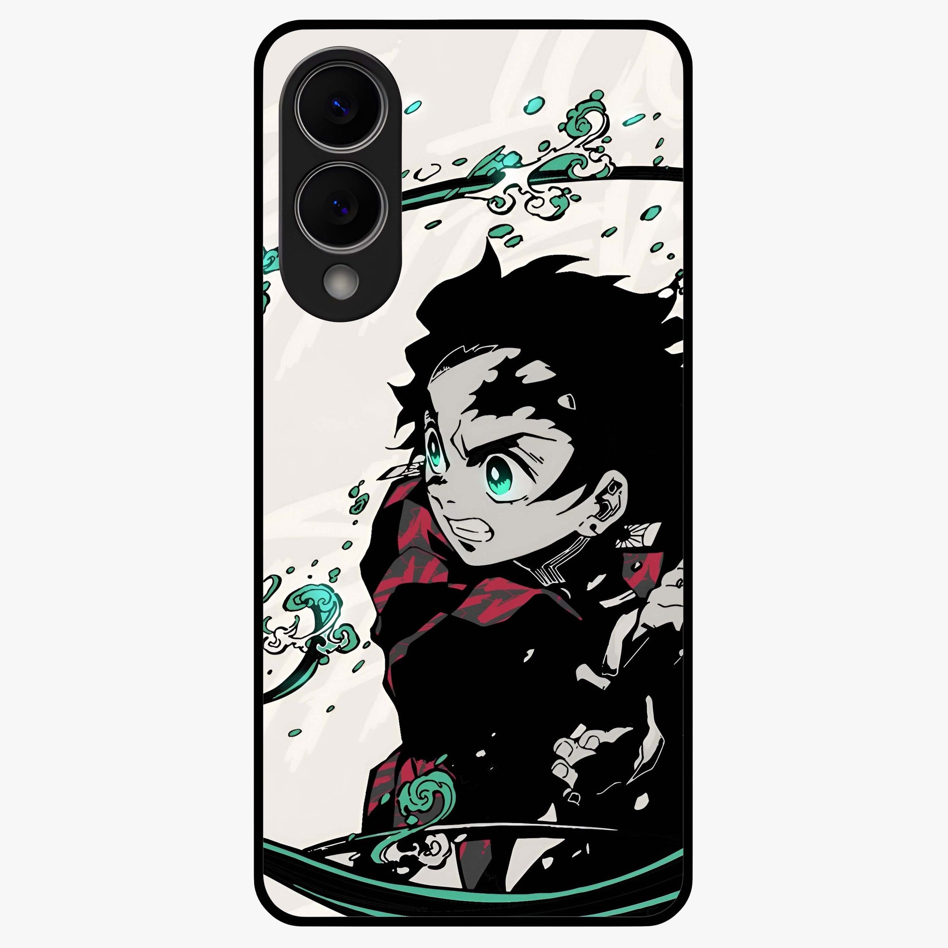 Demon Slayer Glass Case showing flat back view with bold anime inspired artwork and glossy glass finish.