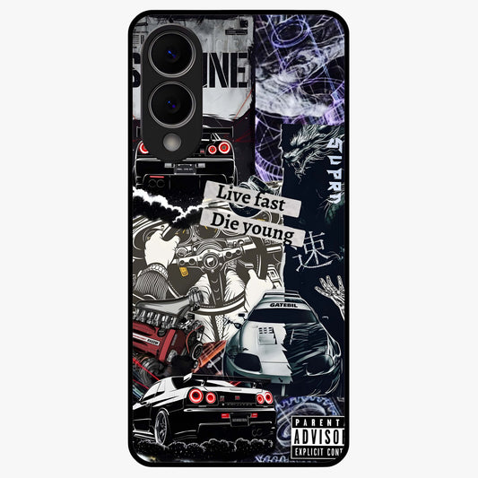 Die Young Glass Case showing flat back view with bold artistic typography design and glossy glass finish.