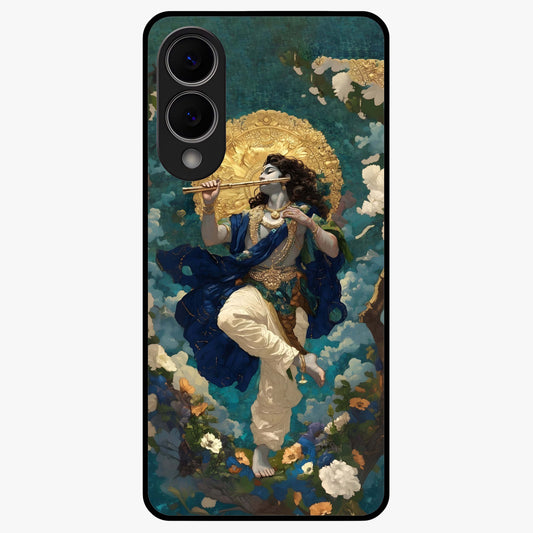 Divine Krishna Art Glass Case showing flat back view with Lord Krishna artwork and glossy glass finish.