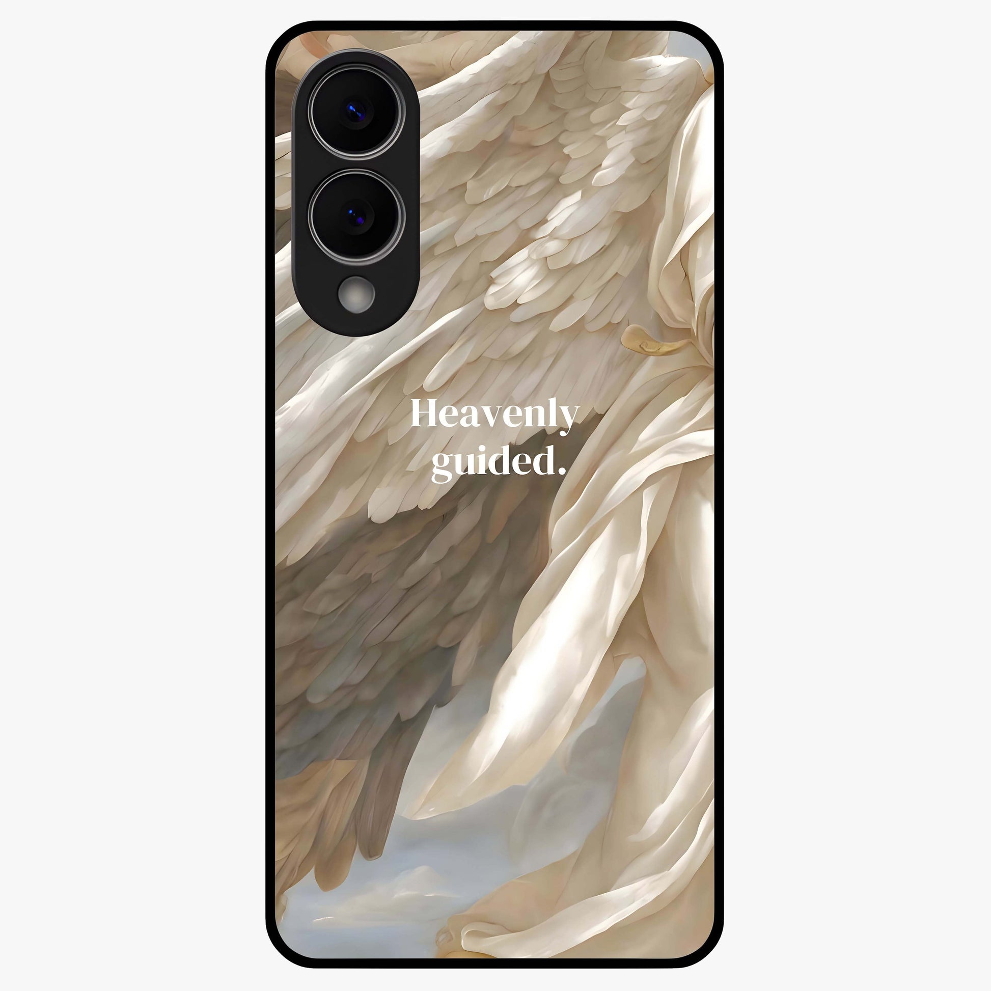 Divine Winged Grace Glass Case showing flat back view with elegant wing inspired artwork and glossy glass finish.