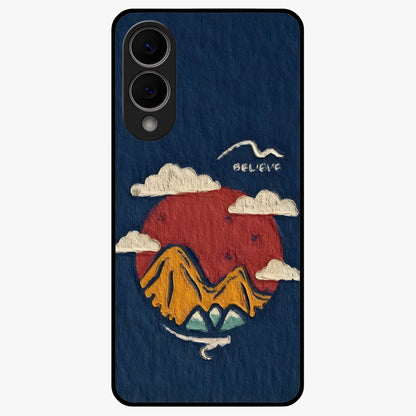 Dream Beyond Mountains Glass Case showing flat back view with scenic mountain landscape artwork and glossy glass finish.