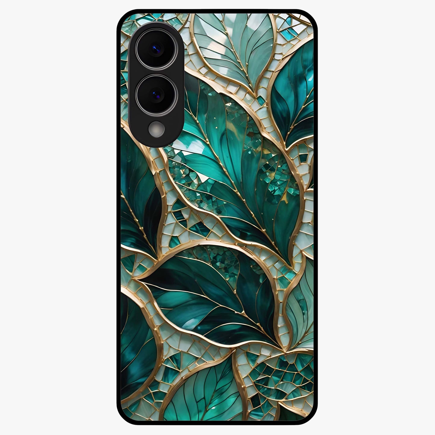 Emerald Leaf Glass Glass Case showing flat back view with emerald green leaf artwork and glossy glass finish.
