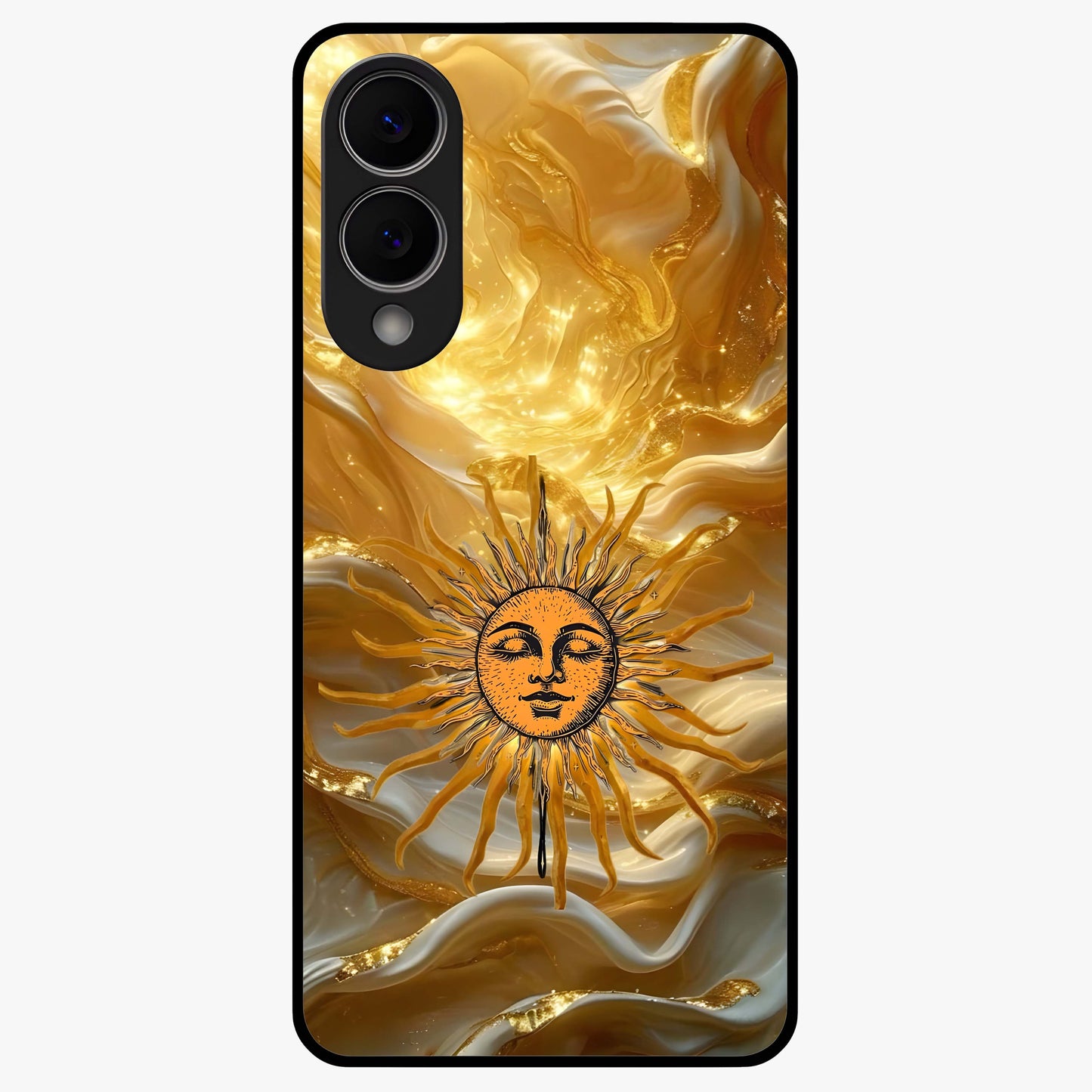 Eternal Golden Glow Glass Case showing flat back view with radiant golden themed artwork and glossy glass finish.