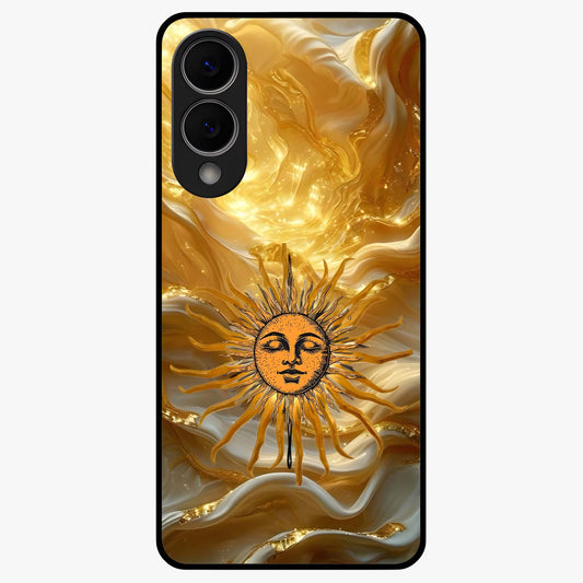 Eternal Golden Glow Glass Case showing flat back view with radiant golden themed artwork and glossy glass finish.