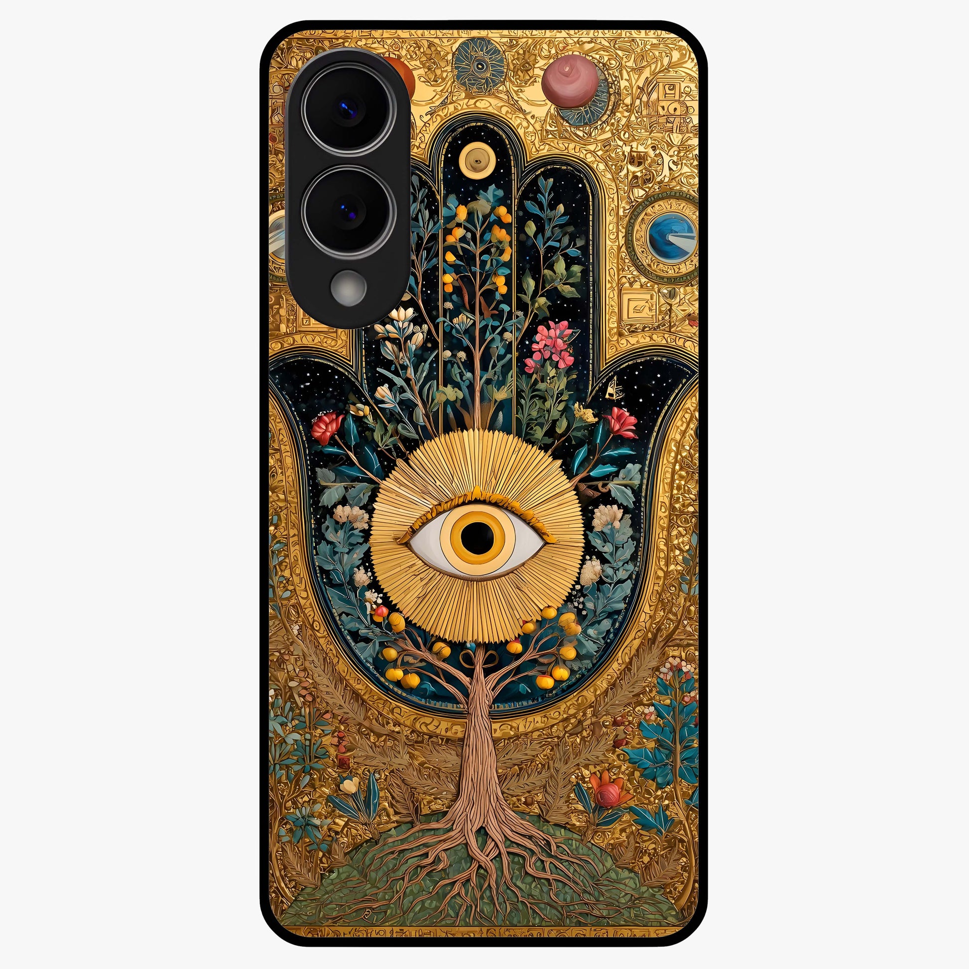 Ethereal Evil Eye Glass Case showing flat back view with mystical evil eye artwork and glossy glass finish.