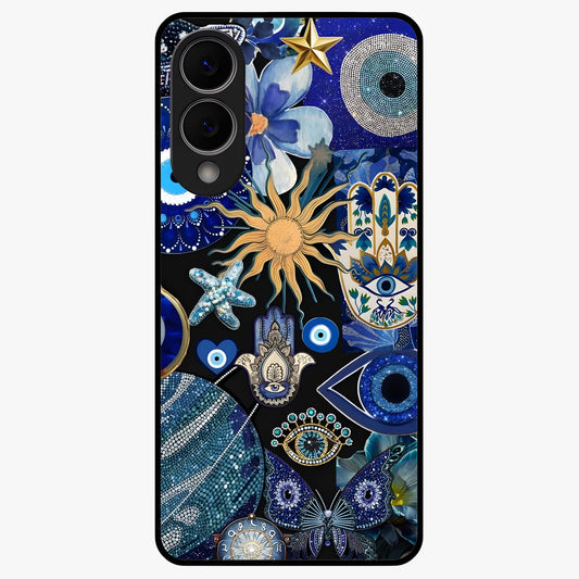 Evil Eye Charm Mix Glass Case showing flat back view with multiple evil eye charms artwork and glossy glass finish.