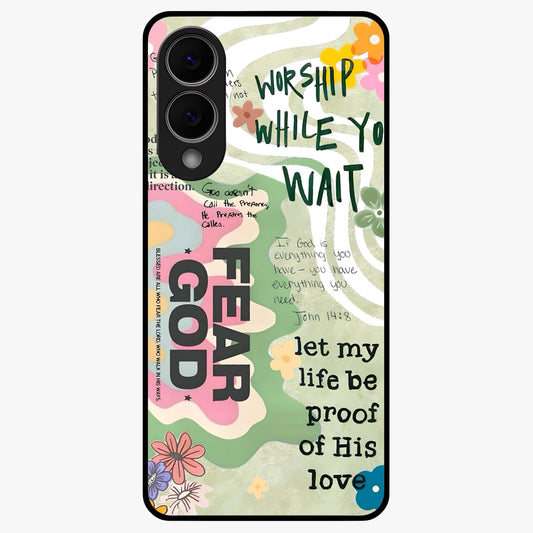 Faith Over Fear Glass Case showing flat back view with motivational typography artwork and glossy glass finish.