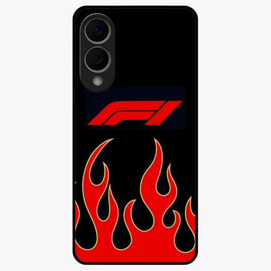 Fire F11 Glass Case showing flat back view with fiery themed artwork and glossy glass finish.