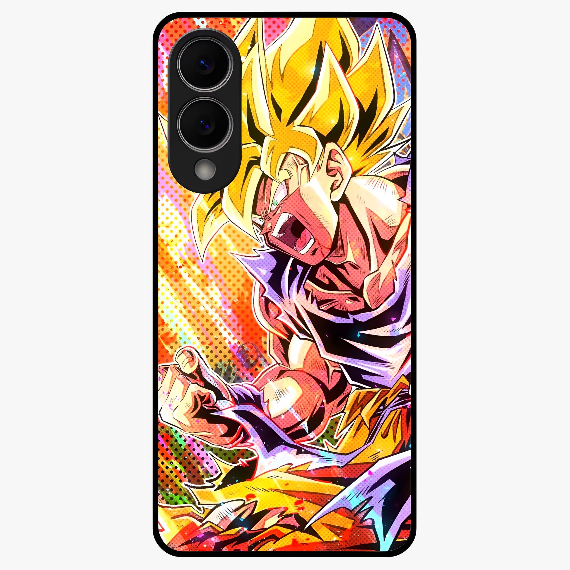 Firing Goku Glass Case showing flat back view with powerful anime inspired artwork and glossy glass finish.