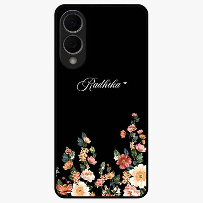Floral Design With a Custom Personalized Name Glass Case showing flat back view with floral artwork and personalized name design.