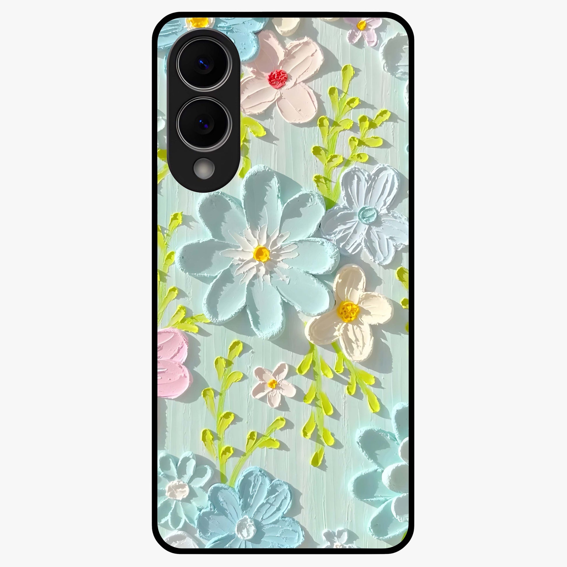 Frosted Petal Garden Glass Case showing flat back view with soft frosted floral artwork and glossy glass finish.