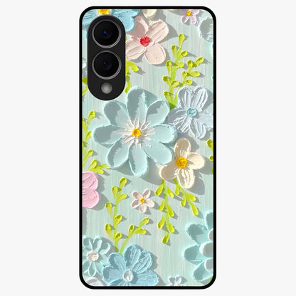 Frosted Petal Garden Glass Case showing flat back view with soft frosted floral artwork and glossy glass finish.