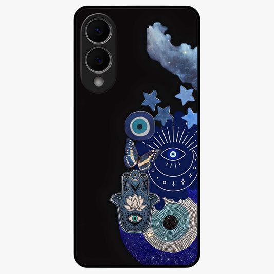 Galactic Charm Cluster Glass Case showing flat back view with glowing celestial charm artwork and glossy glass finish.