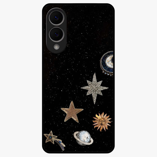 Galactic Charm Glow Glass Case showing flat back view with glowing celestial charm artwork and glossy glass finish.
