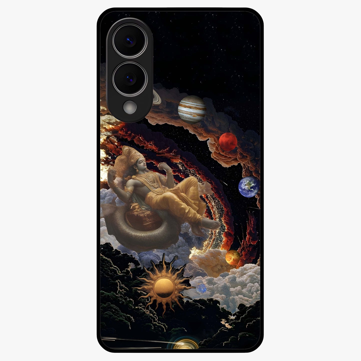 Galactic Divine God Glass Case showing flat back view with divine cosmic themed artwork and glossy glass finish.