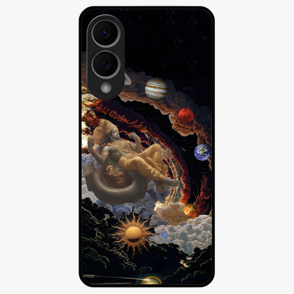 Galactic Divine God Glass Case showing flat back view with divine cosmic themed artwork and glossy glass finish.
