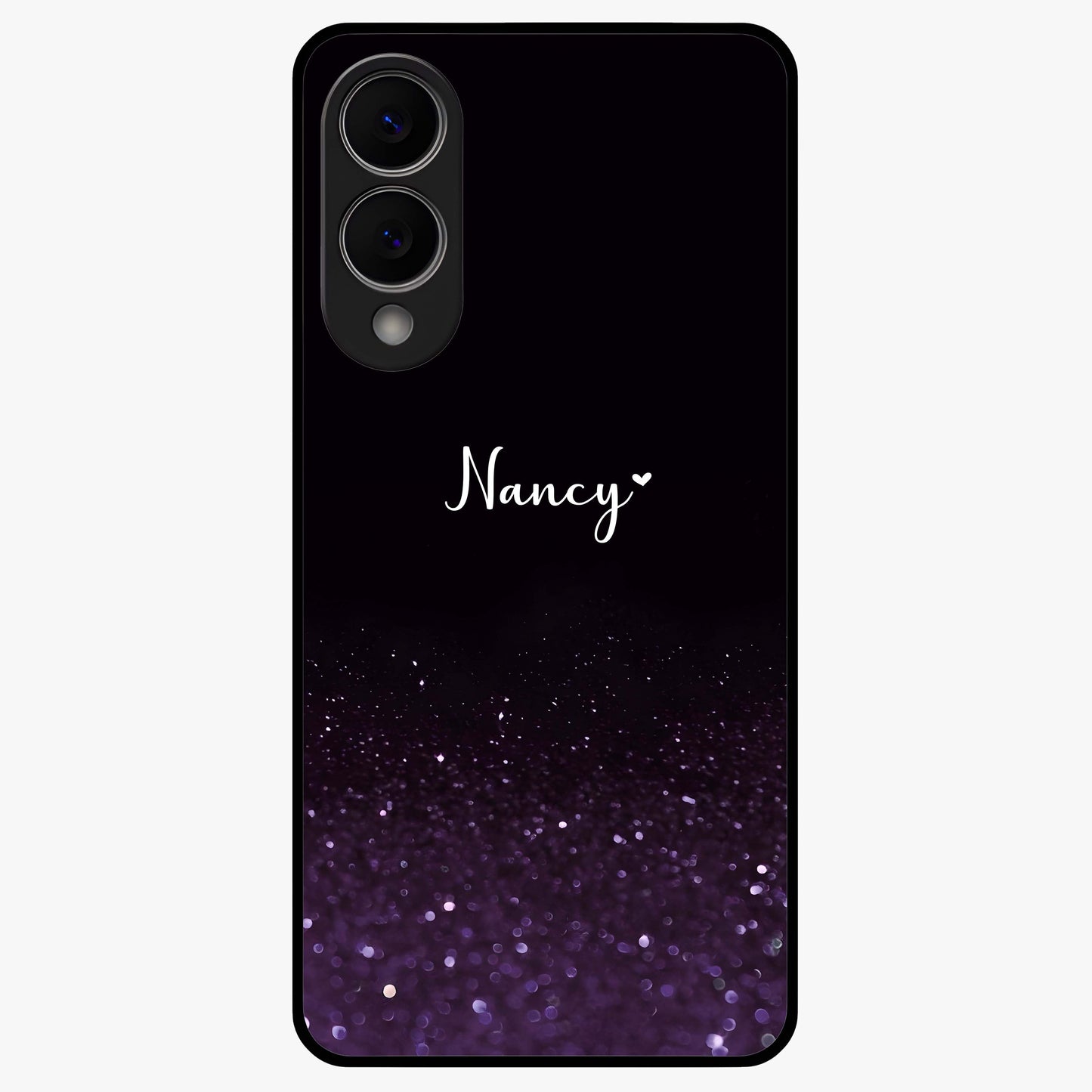 Glittery Purple Bokeh Custom Name Glass Case showing flat back view with purple bokeh sparkle artwork and personalized name design.