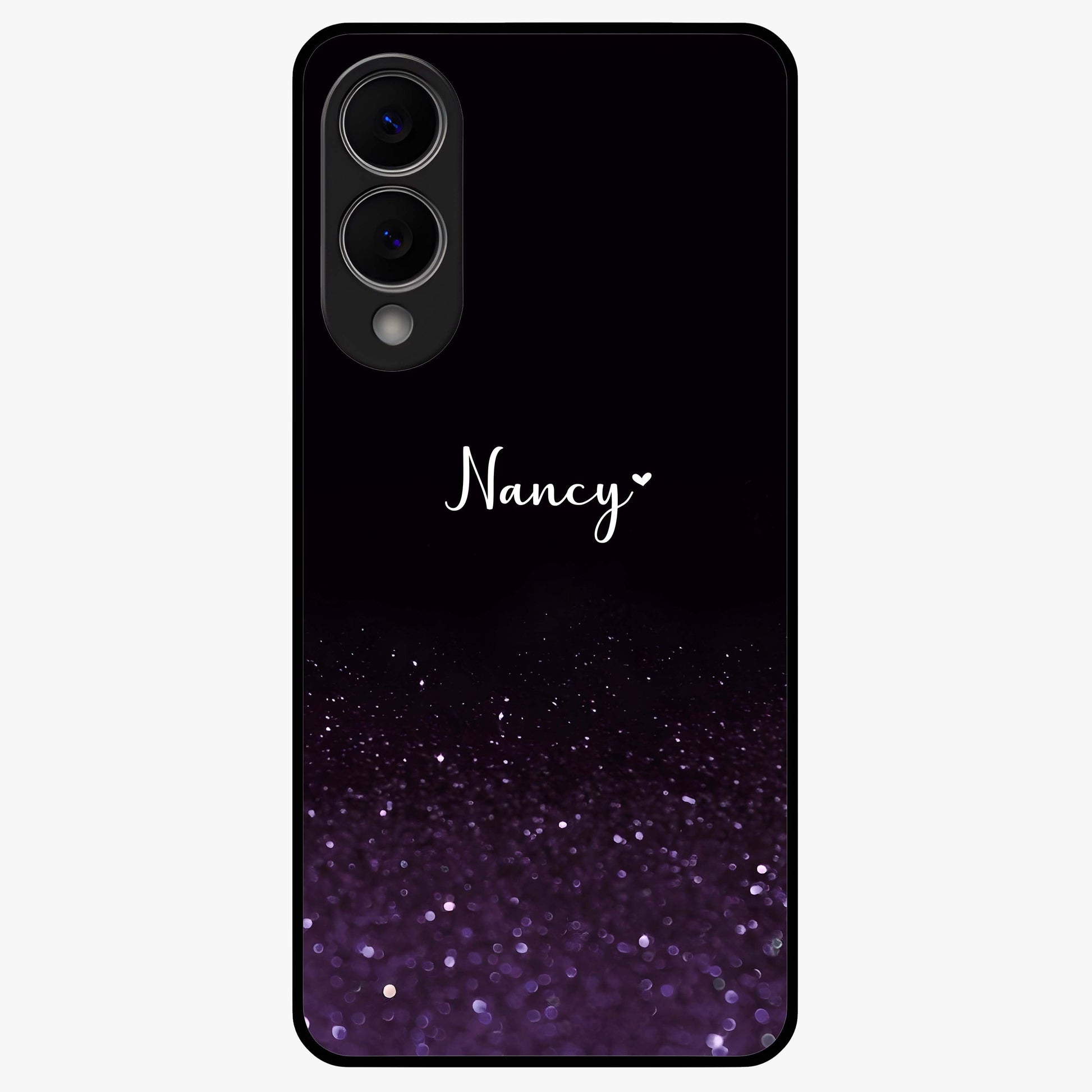 Glittery Purple Bokeh Custom Name Glass Case showing flat back view with purple bokeh sparkle artwork and personalized name design.