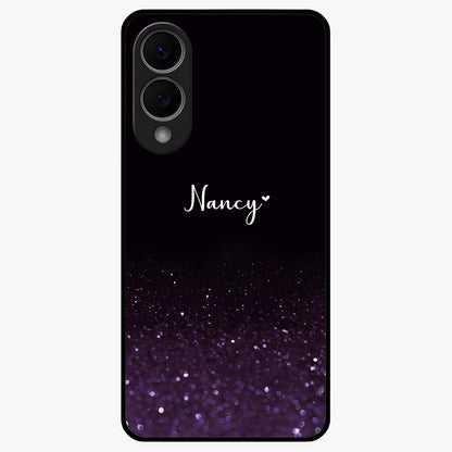 Glittery Purple Bokeh Custom Name Glass Case showing flat back view with purple bokeh sparkle artwork and personalized name design.