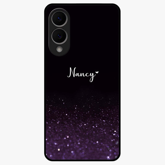 Glittery Purple Bokeh Custom Name Glass Case showing flat back view with purple bokeh sparkle artwork and personalized name design.