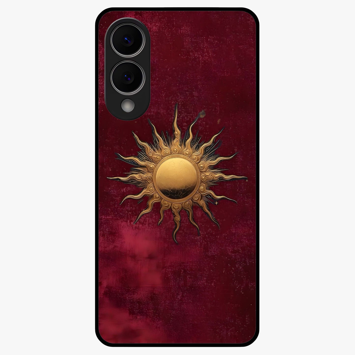 Gold Sun Blush Glass Case showing flat back view with golden sun inspired artwork and glossy glass finish.