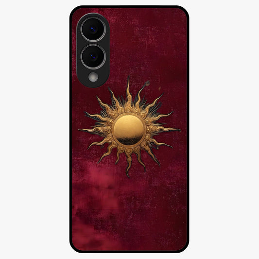 Gold Sun Blush Glass Case showing flat back view with golden sun inspired artwork and glossy glass finish.